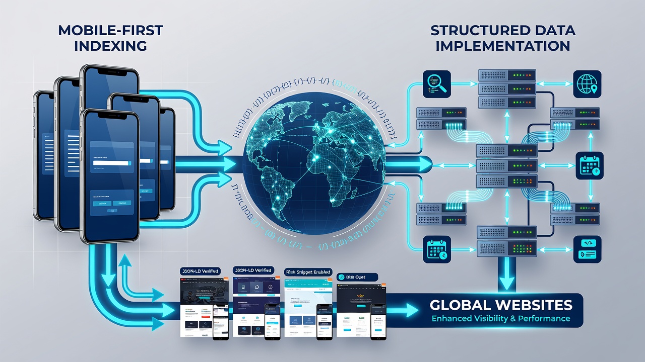 Diagram illustrating structured data synchronization between mobile pages and search engine crawlers on worldwide domain networks
